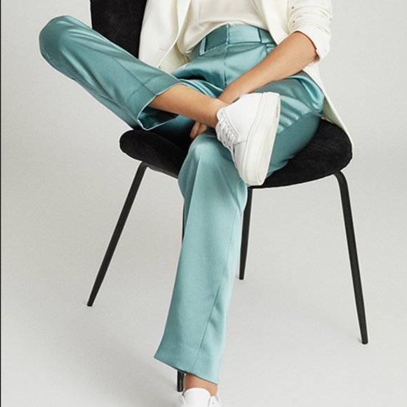 REISS Elyssah Blue Satin Pleated Trousers - Picture 1 of 5